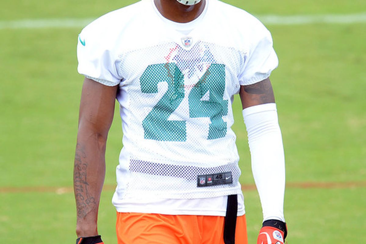 June 19, 2012; Davie, FL, USA; Miami Dolphins defensive back Sean Smith (24) during mini camp practice at the Dolphins training facility. Mandatory Credit: Steve Mitchell-US PRESSWIRE