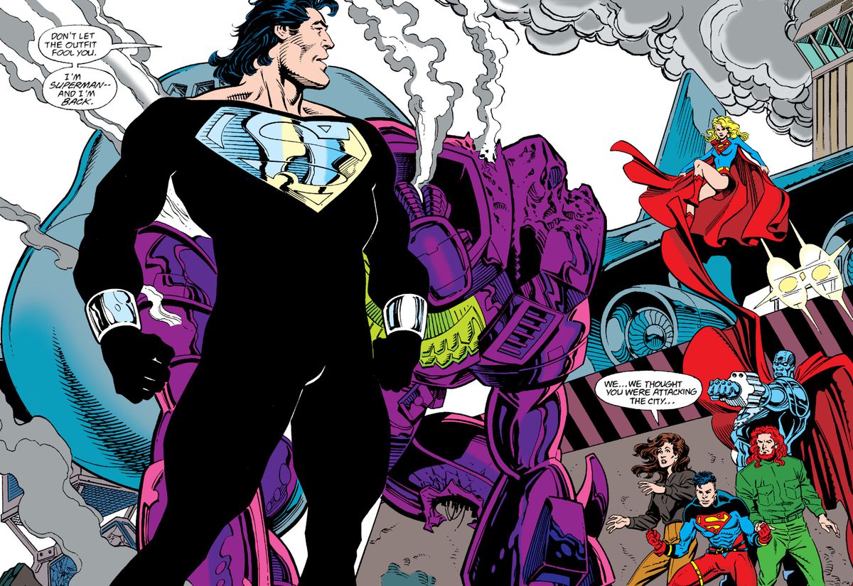 Superman regresa a Metrópolis después de su muerte con un nuevo disfraz (con Supergirl, Lois Lane, Superboy, Steel y Lex Luthor), de Superman # 82 (1993), DC Comics.