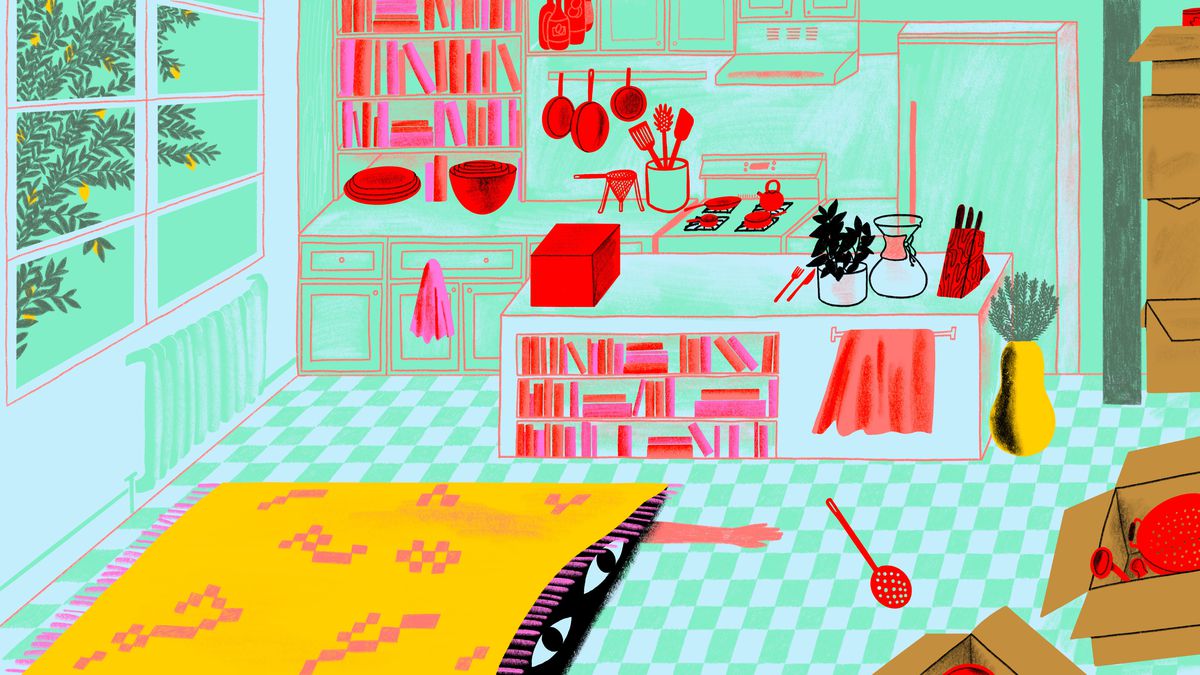 A cartoon of a kitchen with bowls and plates on the counter, skillets hanging by the stove, and a kitchen island with a knife set, Chemex pour-over coffee maker, and cookbooks. A rug is on the floor with giant eyes peeking out of the darkness. A hand reaches out from under the rug for a slotted spoon on the floor.