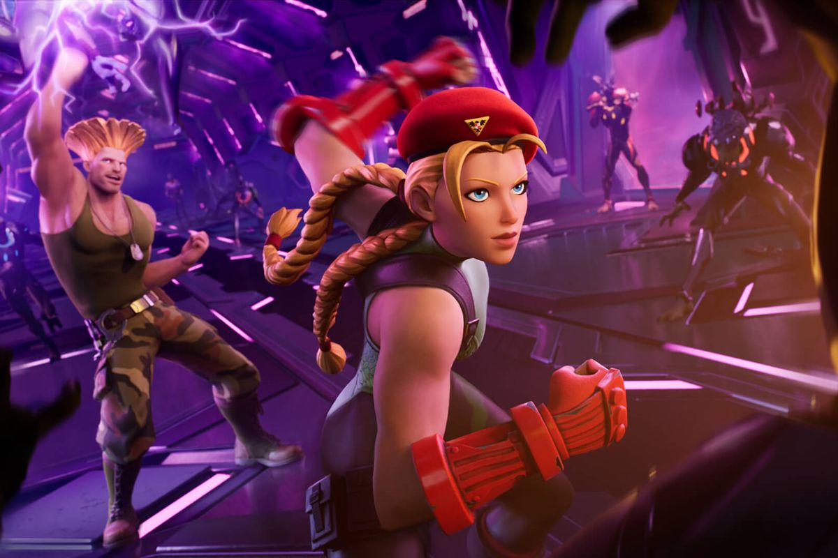 Cammy and Guile from Street Fighter teaming up in a Fortnite loading screen