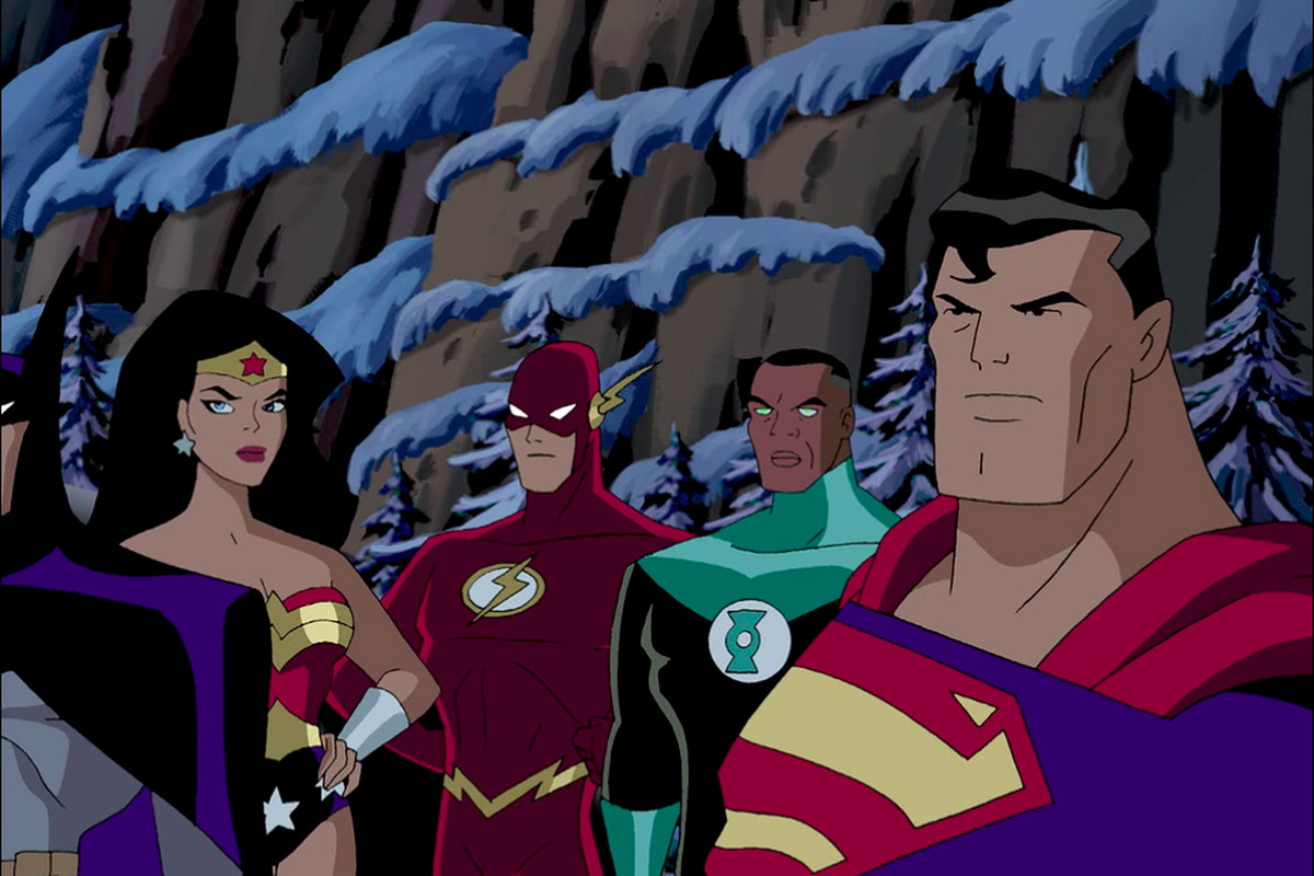 Justice League animated— Batman, Wonder Woman, The Flash, Green Lantern, and Superman look concerned
