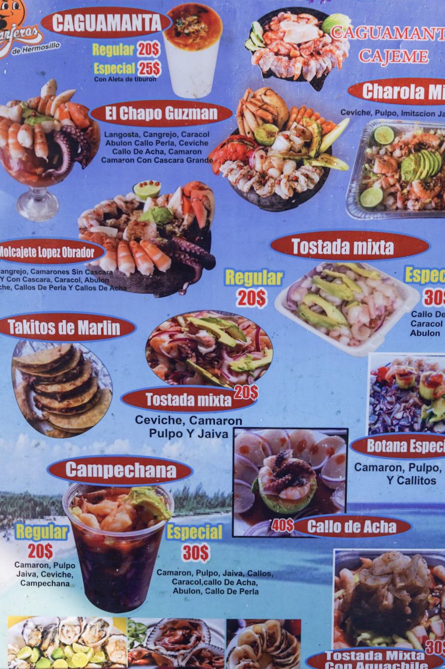 The menu at Mariscos Odaly truck.