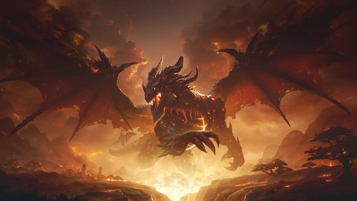 Deathwing, the giant black dragon antagonist of World of Warcraft: Cataclysm, coming soon to WoW Classic, looms over a fiery chasm