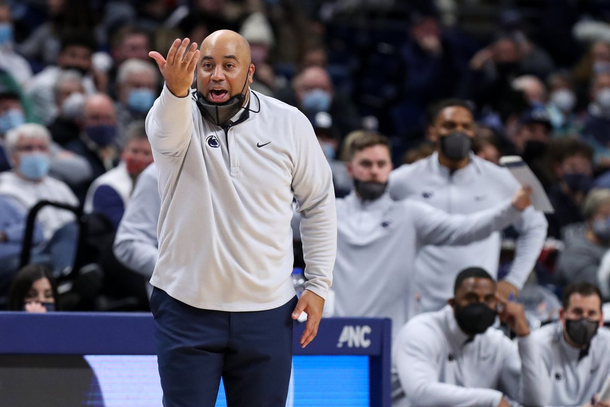 Penn State Nittany Lions head coach Micah Shrewsberry gestures from the bench during the second half against the Rutgers Scarlet Knights at Bryce Jordan Center.