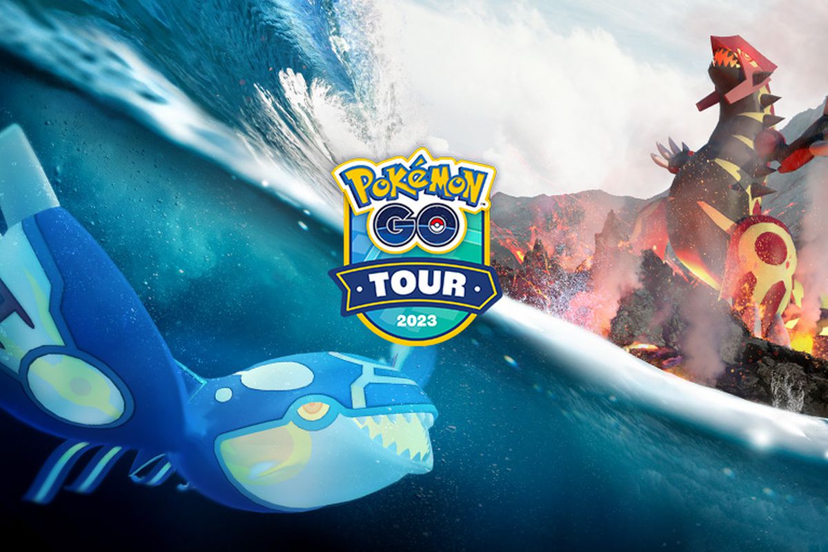 Pokémon Go Tour 2023 promotional image featuring Primal Kyogre (left) and Primal Groudon (right)
