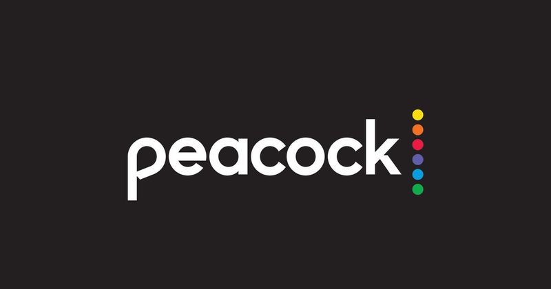 The Peacock logo is white text that reads “peacock” on a black background, with a vertical line of six brightly colored dots. 