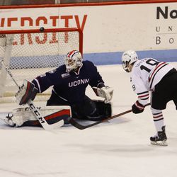 The UConn Huskies take on the Northeastern Huskies in men’s college hockey game at Matthews Arena in Boston, MA on November 9, 2018.