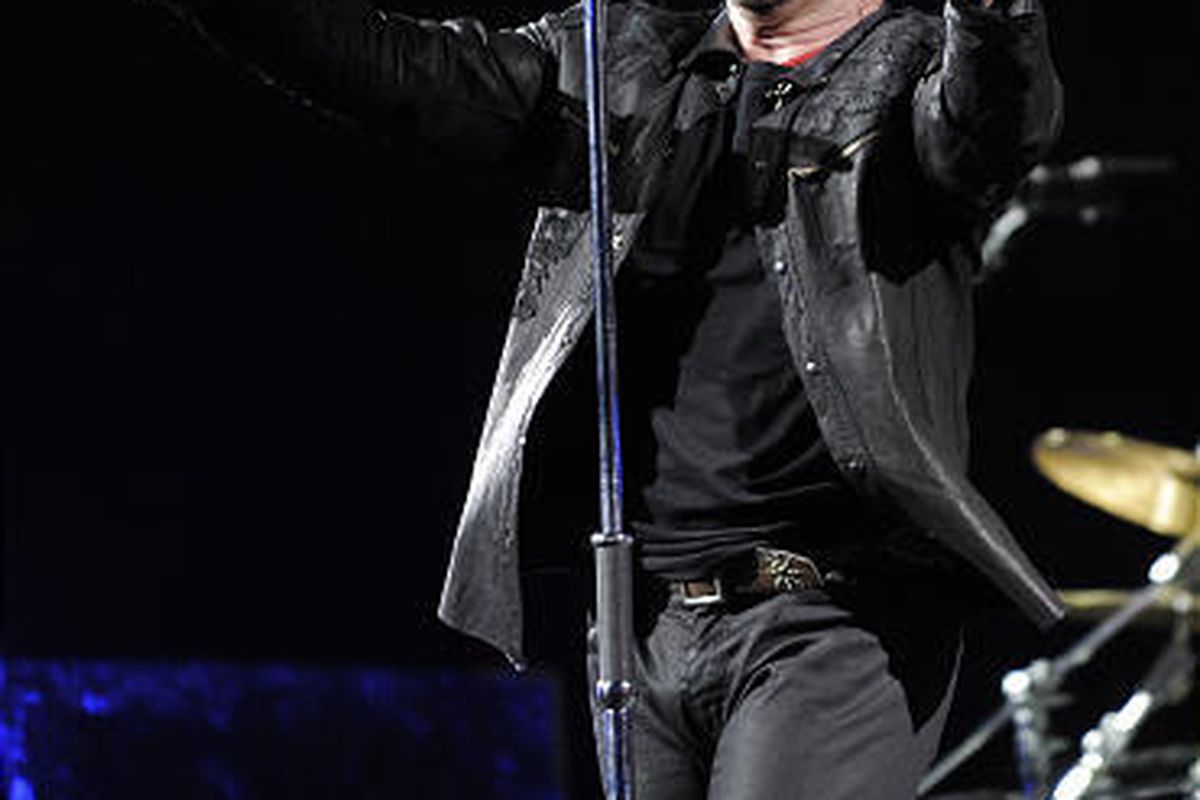 Bono of the Irish rock band U2 performs during their 360 world tour stop at the Rose Bowl in Pasadena, Calif.