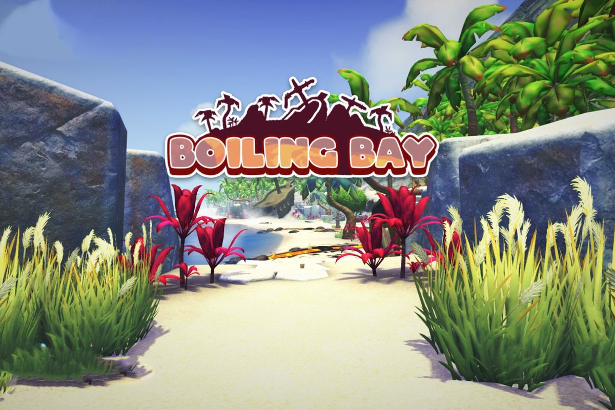 Text that reads “Boiling Bay” over an image of a beach with weeds and lava skewed around