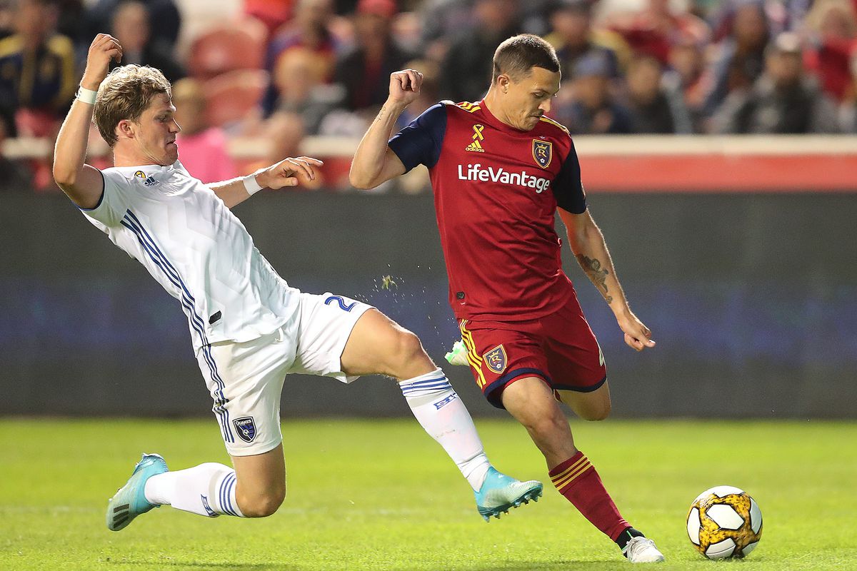 San Jose Earthquakes midfielder Florian Jungwirth (23) tries to disrupt a shot by Real Salt Lake defender Donny Toia (4)&nbsp;during the Real Salt Lake and San Jose Earthquakes game at Rio Tinto Stadium on Wednesday, Sept. 11, 2019. RSL won 1-0.