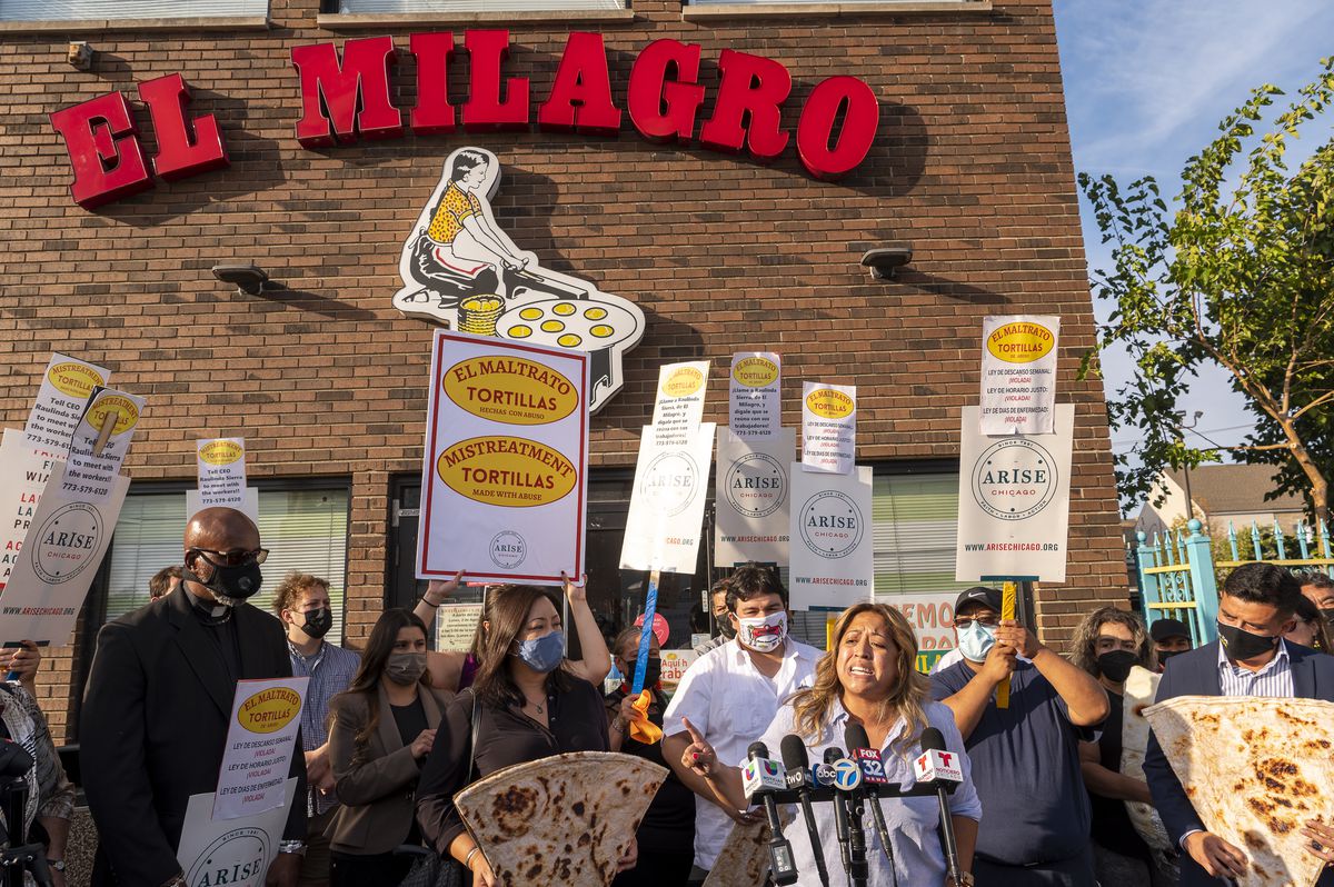 State Sen. Celina Villanueva of the 11th District speaks to reporters during a press conference outside El Milagro’s headquarters located at 3048 West. 26th Street, Thursday, Sept. 30, 2021.