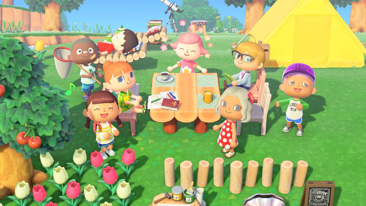 A group of villagers hang out for a picnic in a screenshot from Animal Crossing: New Horizons