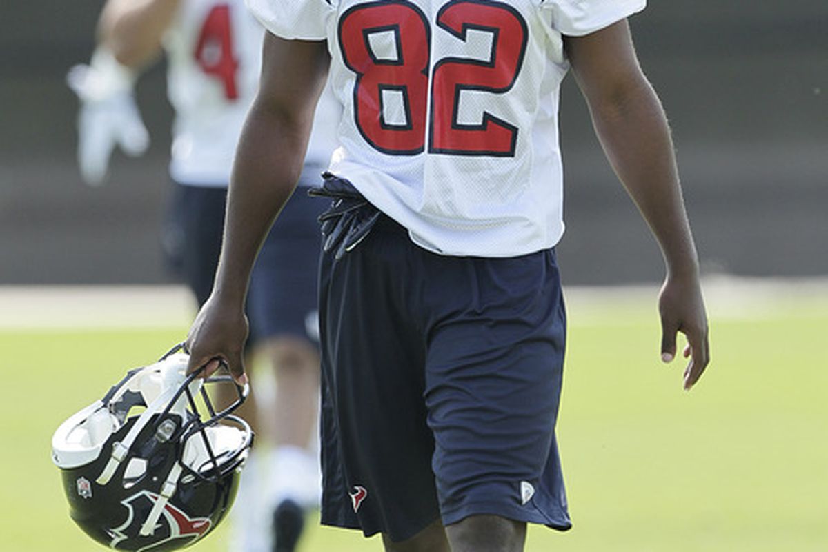 HOUSTON - MAY 21:  Wide receiver Keshawn Martin #82 of the Houston Texans arrives for the first day of OTA's at the Methodist Training Center at Reliant Park on May 21, 2012 in Houston, Texas.  (Photo by Bob Levey/Getty Images)