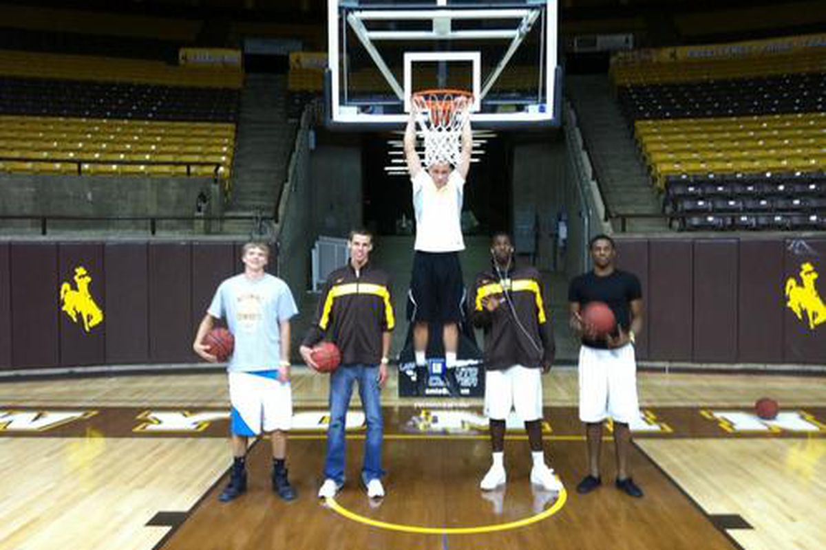 A picture of the five recruits that visited Wyoming this weekend.  Josh Adams and Jason McManamen are on the left.  Austin Halderson is center with Stephon Blair and Eric McCree on the right.