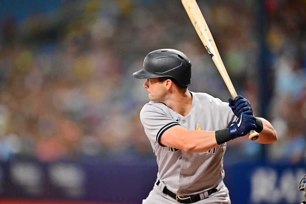Andrew Benintendi #18 of the New York Yankees at bat during the first inning `atbb at Tropicana Field on September 02, 2022 in St Petersburg, Florida.