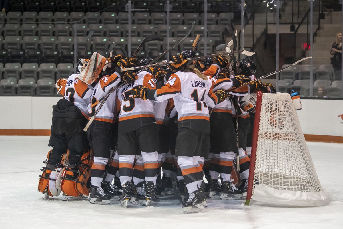 The RIT Women’s Hockey team embraces after the RIT vs. Mercyhurst game on Jan. 18, 2019 at Gene Polisseni Center in Henrietta, N.Y. RIT defeated Mercyhurst 4-2.