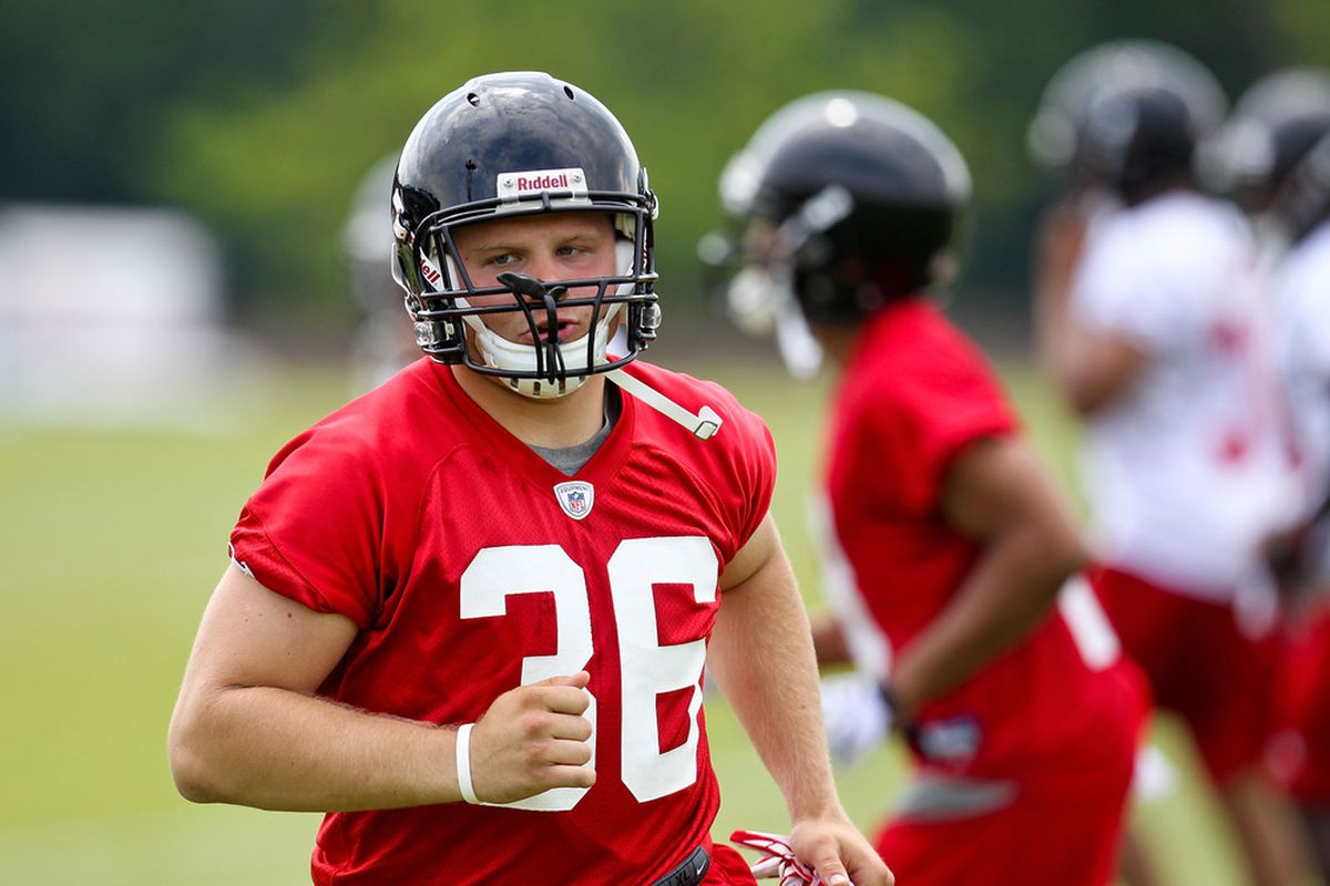 FLOWERY BRANCH, GA - MAY 12: Bradie Ewing #36 of the Atlanta Falcons practices during the rookie minicamp at the Atlanta Falcons Training Facility on May 12, 2012 in Flowery Branch, Georgia. (Photo by Daniel Shirey/Getty Images)
