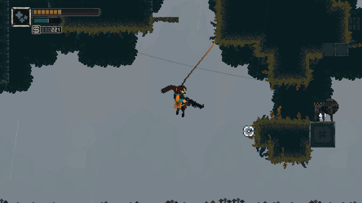 Fern, the main character of Rusted Moss, swings using a grappling hook by attaching to a ceiling in this 2D platformer