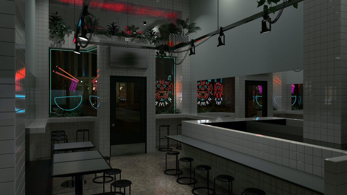 A rendering of a ramen shop at night, with neon signs.
