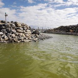 Low water levels at the Great Salt Lake Marina reveal rocks that otherwise would be underwater in Magna Tuesday, Feb. 10, 2015.