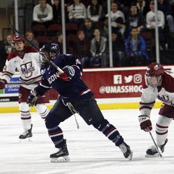 UConn's Brian Rigali (19) during the UConn Huskies vs UMass Minutemen men's college hockey game at the Mullins Center in Amherst, MA on December 1, 2017.