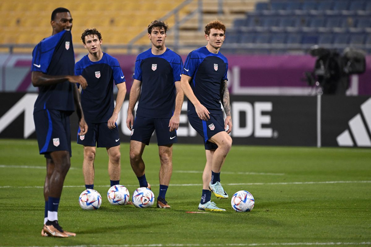 USA’s forward Haji Wright, USA’s midfielder Brenden Aaronson, USA’s defender Joe Scally and USA’s forward Josh Sargent attend a training session at Al Gharafa SC in Doha on November 28, 2022, on the eve of the Qatar 2022 World Cup football match between Iran and USA.