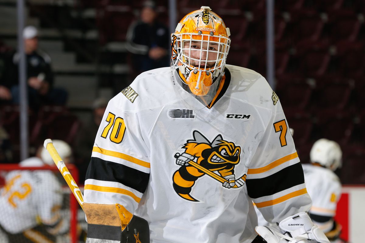 Goaltender Benjamin Gaudreau #70 of the Sarnia Sting skates prior to a game against the Windsor Spitfires at the WFCU Centre on February 18, 2020 in Windsor, Ontario, Canada.