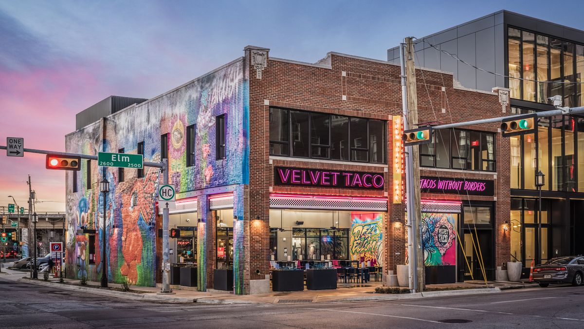 A Velvet Taco at sunset on the corner in Dallas’s Deep Ellum neighborhood.