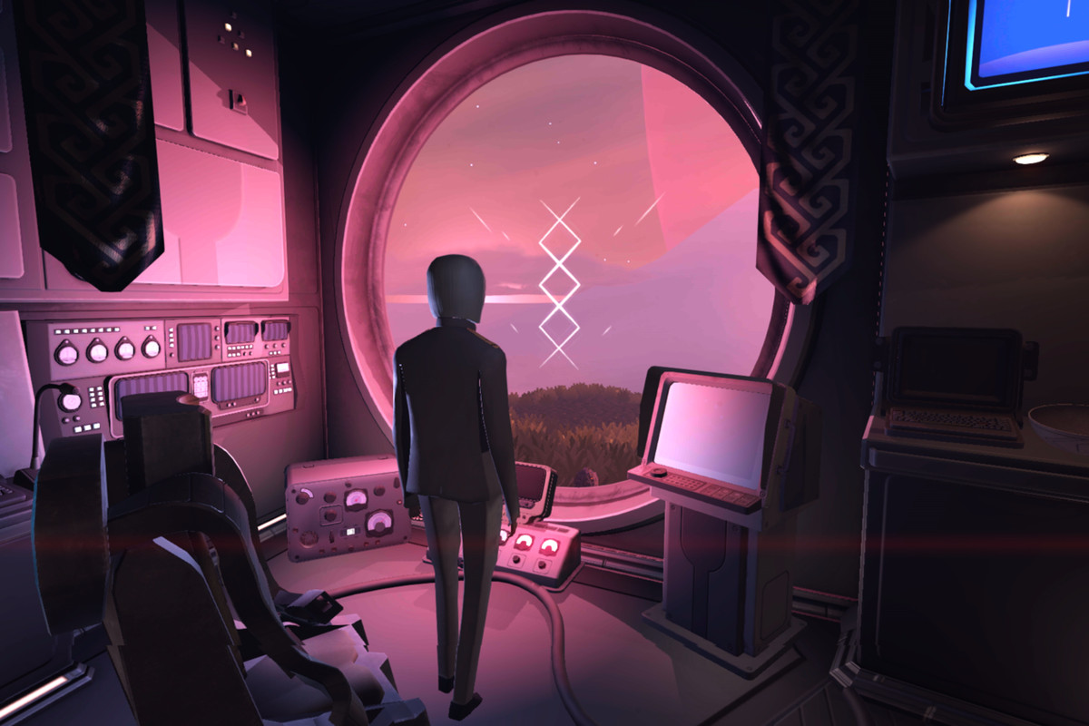 Jett: The Far Shore - a scientist stands in a glass base on an alien planet, with pink light filtering in.