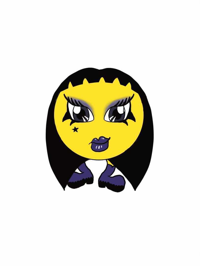 Ms. Pac-Man with long black hair and eyeliner, purple lipstick, and purple platform boots