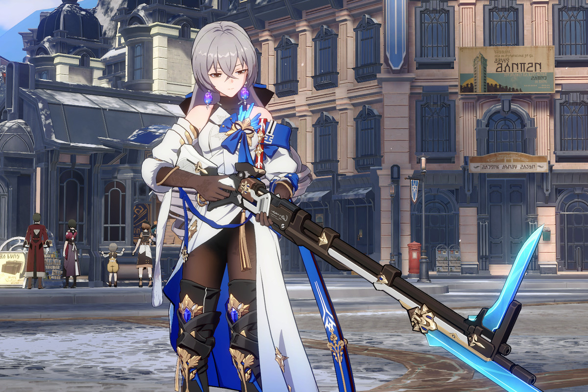 Bronya from Honkai: Star Rail gazes at her rifle while standing in the Administrative District