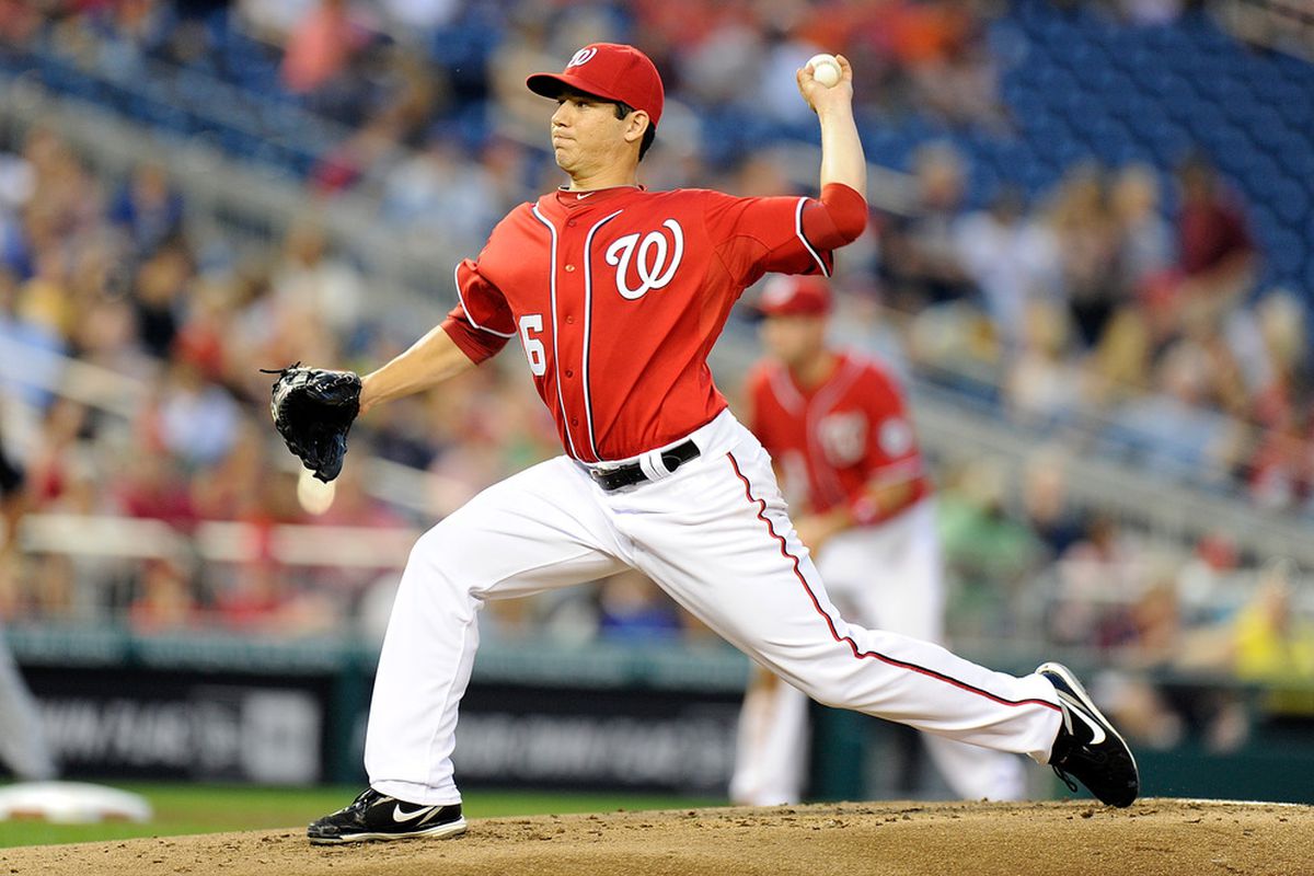 WASHINGTON, DC - SEPTEMBER 03:  Tom Milone #46 of the Washington Nationals pitches in his major league debut against the New York Mets at Nationals Park on September 3, 2011 in Washington, DC.  (Photo by Greg Fiume/Getty Images)