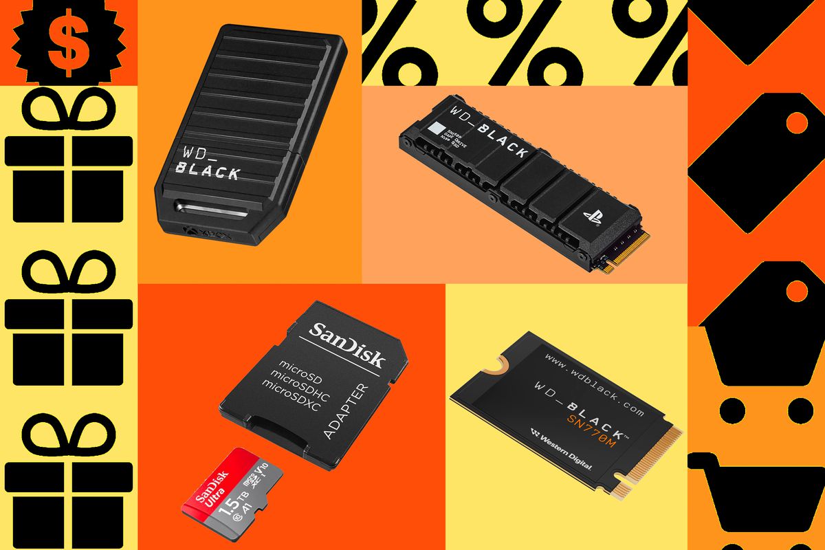 A composite image using stock photos of products featured in the best Black Friday deals on SSDs and microSD cards