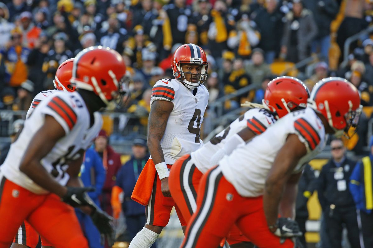 Deshaun Watson #4 of the Cleveland Browns in action against the Pittsburgh Steelers on January 8, 2022 at Acrisure Stadium in Pittsburgh, Pennsylvania.