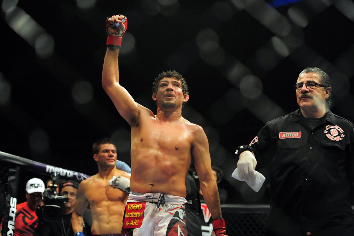 May 19, 2012; San Jose, CA, USA; Gilbert Melendez (right) fights Josh Thomson (left) during the lightweight bout of the Strikeforce World Grand Prix at HP Pavilion. Kyle Terada-US PRESSWIRE