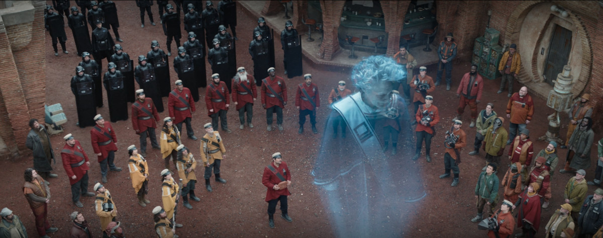 Maarva’s hologram giving a speech at her funeral in Andor