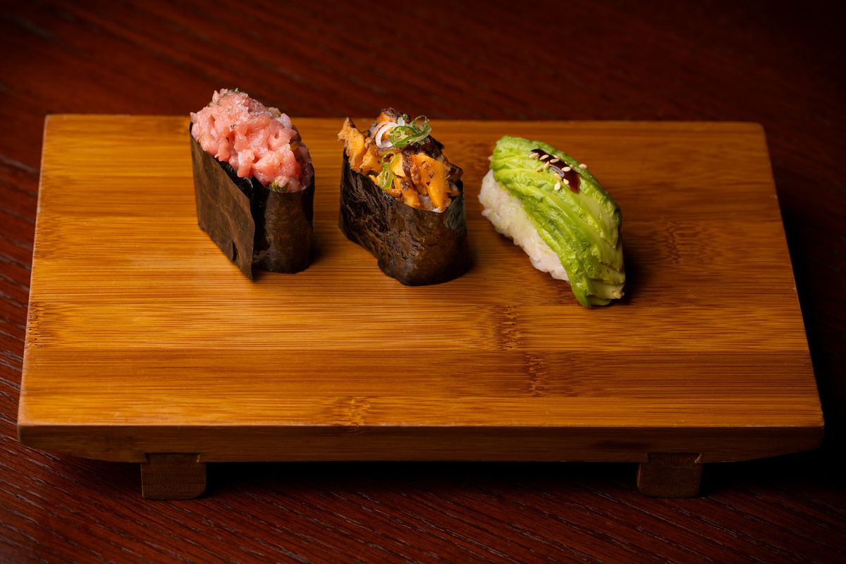 Spicy tuna, mushroom, and avocado sushi at Santō.