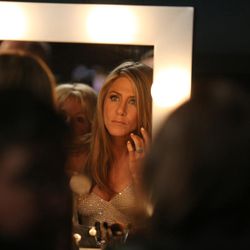 Jennifer Aniston is seen backstage at the Oscars on Sunday, Feb. 22, 2015, at the Dolby Theatre in Los Angeles. 