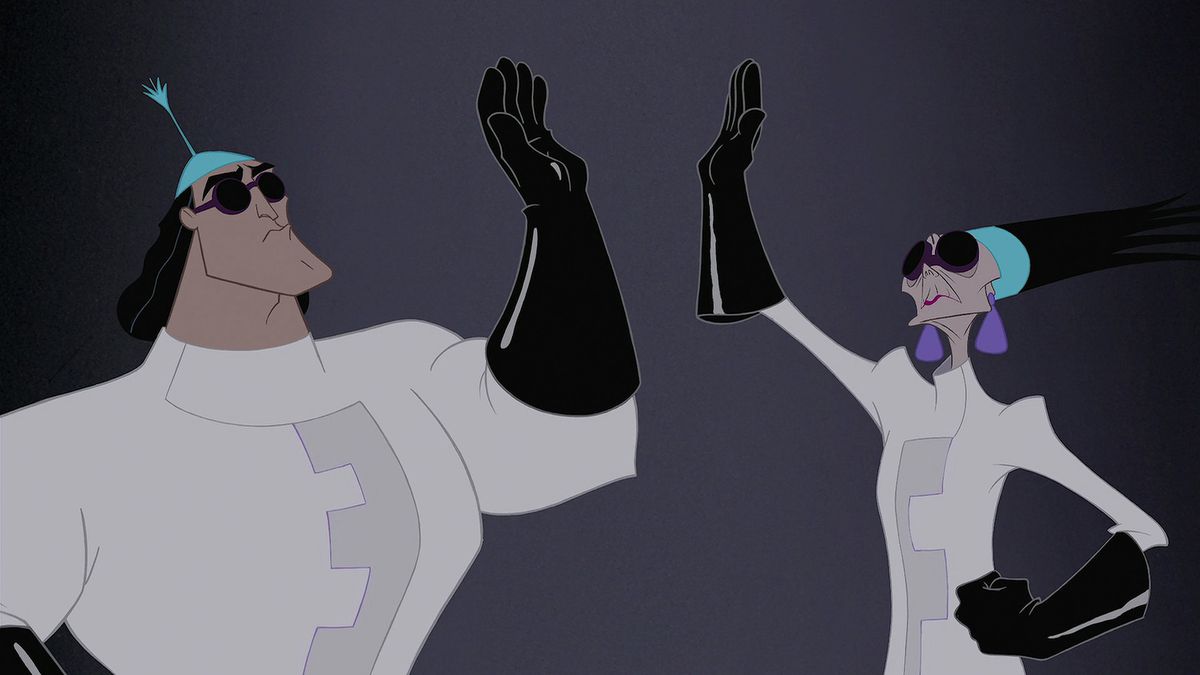yzma and kronk in lab coats, high-fiving each other 