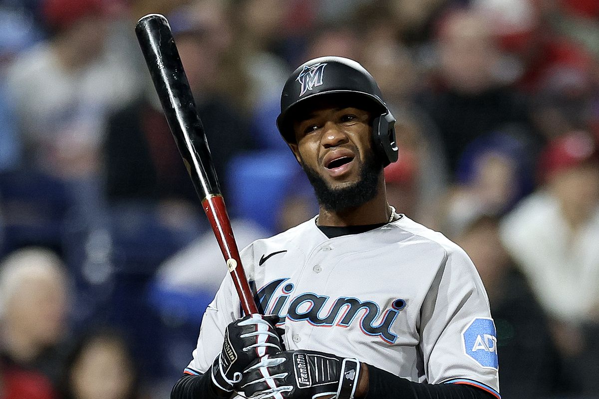 Bryan De La Cruz #14 of the Miami Marlins reacts during the seventh inning against the Philadelphia Phillies at Citizens Bank Park on April 10, 2023 in Philadelphia, Pennsylvania.