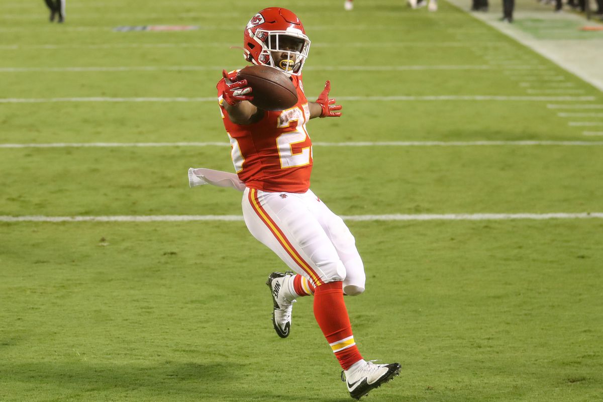 Clyde Edwards-Helaire of the Kansas City Chiefs scores a touchdown against the Houston Texans during the third quarter at Arrowhead Stadium on September 10, 2020 in Kansas City, Missouri.