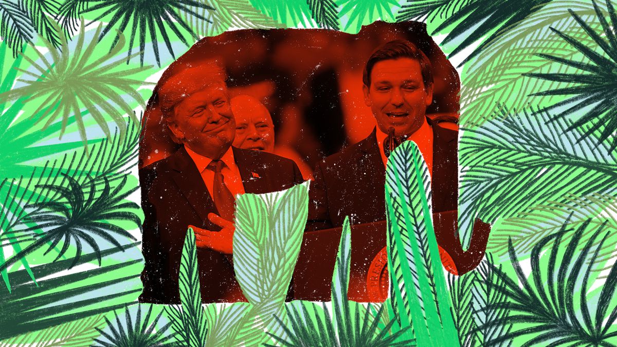 A giant, translucent red elephant overlays a photo of Donald Trump and Ron DeSantis. Lush green palm fronds surround it.
