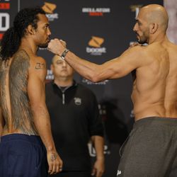 Benson Henderson and Saad Awad square off at Bellator 208 weigh-ins.