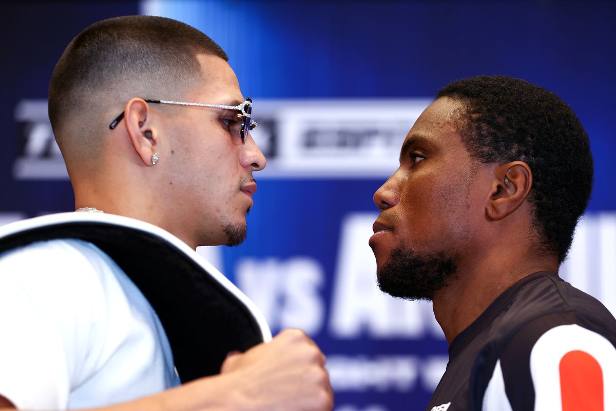 Edgar Berlanga (L) and Alexis Angulo (R) face-off during the press conference ahead of the NABO super middleweight Championship fight, at The Hulu Theater at Madison Square Garden on June 09, 2022 in New York City.