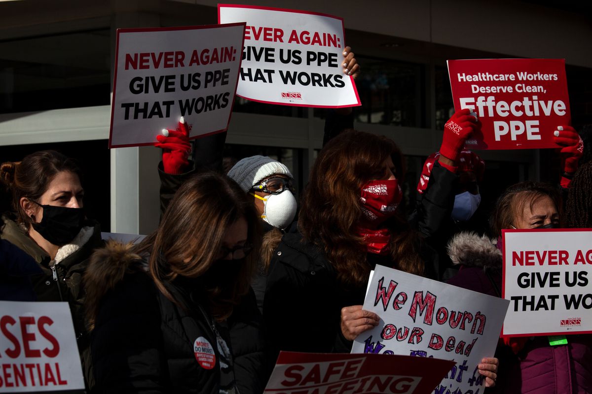 Nurses at Montefiore Medical Center in The Bronx protest a lack of protective equipment, Nov. 19, 2020.