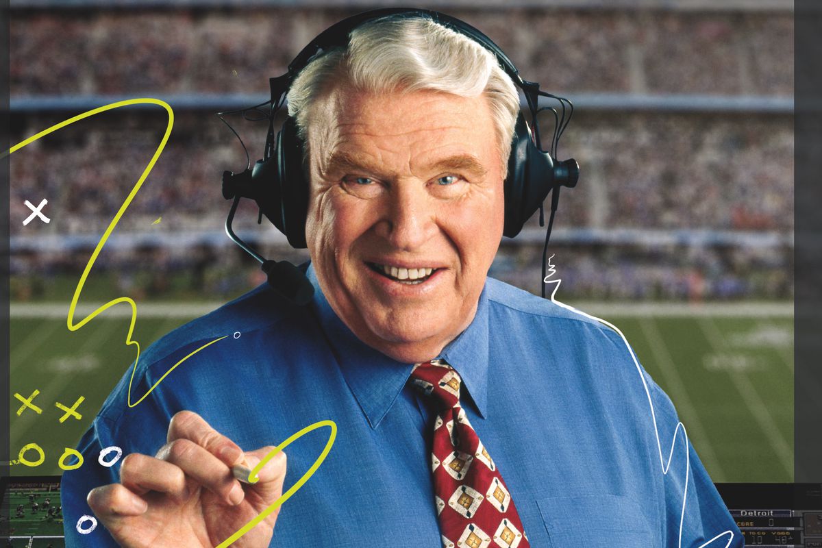 Another cover of Madden NFL 23, showing Madden in his role as a television analyst, wearing a headset and drawing lines on the viewer’s screen