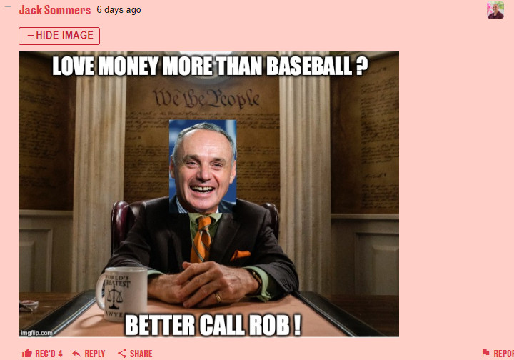 A promotional picture from the TV series Better Call Saul, but with Rob Manfred’s smiling face photoshopped over Saul’s with the caption, Love money more than baseball? Better call Rob!