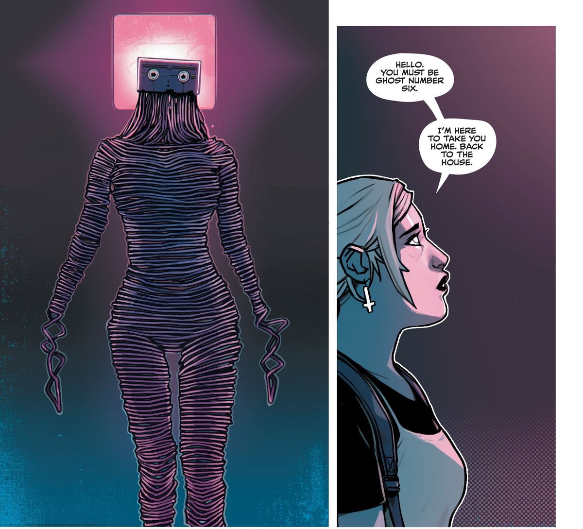Ami approaches a ghost whose eyes are the wheels of a VHS cassette, and its feminine body formed from unspooled VHS tape, in Home Sick Pilots #3, Image Comics (2021). 