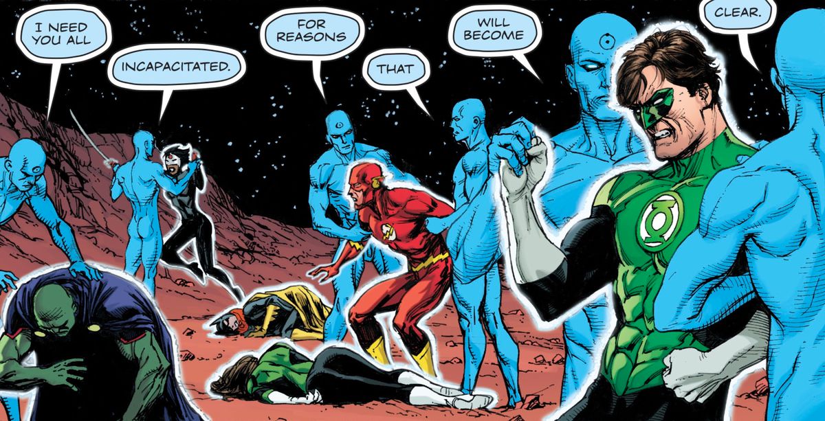 Doctor Manhattan incapacitates the Martian Manhunter, Katana, Batgirl, the Flash, and Green Lantern Hal Jordan on Mars in Doomsday Clock #10, DC Comics (2019).
