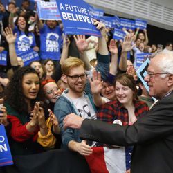 Democratic presidential candidate, Sen. Bernie Sanders, I-Vt. greets supporters after a rally at a campaign stop, Thursday, March 31, 2016, in Pittsburgh. 